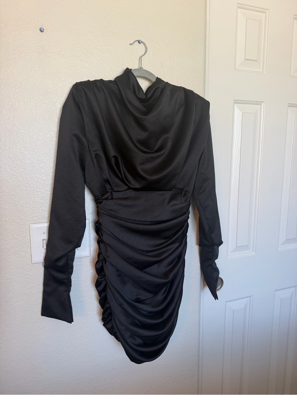 House of CB Giorgiana Black Satin Ruched Mini Dress Size S